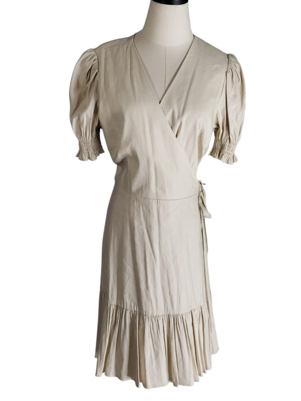 ANTONIO MELANI Linen 12 Cream Wrap Ruffle Hem Midi Dress Puff Smocked Sleeve Drs